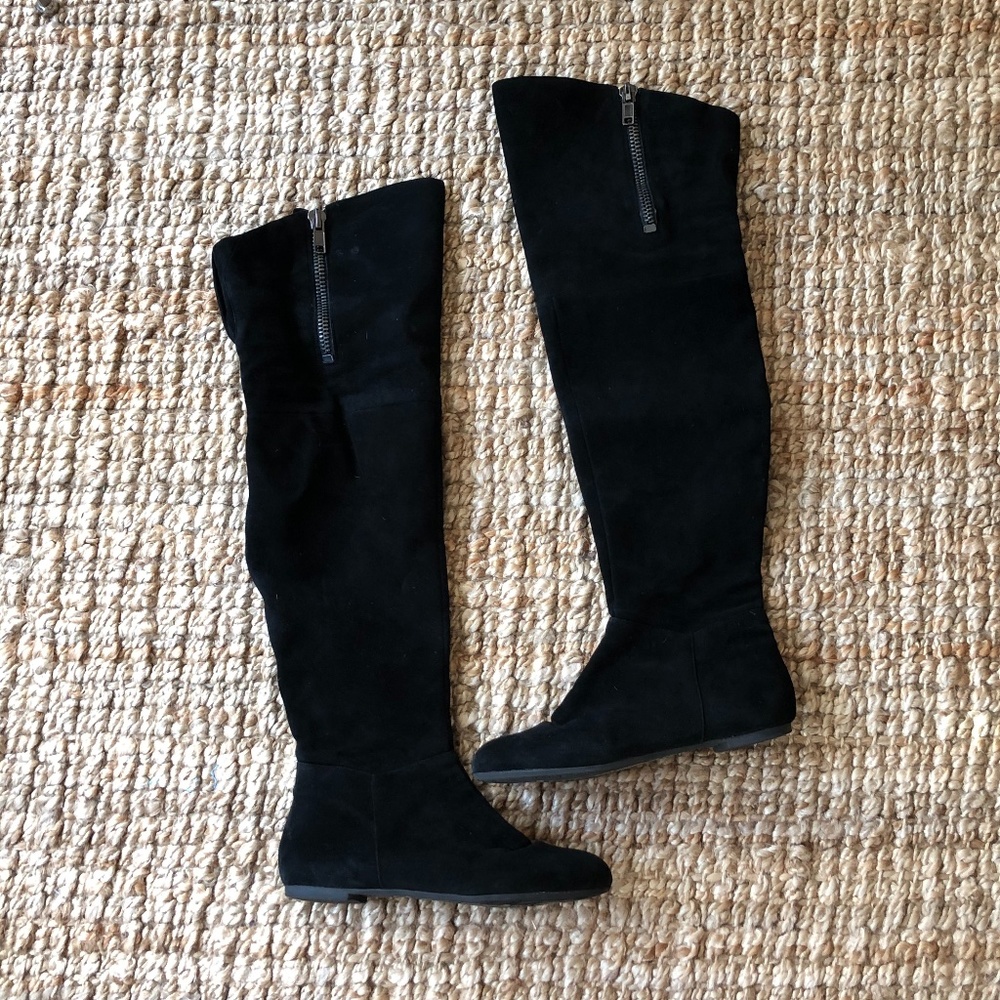 Flat, Suede-Like Thigh High Black Boot